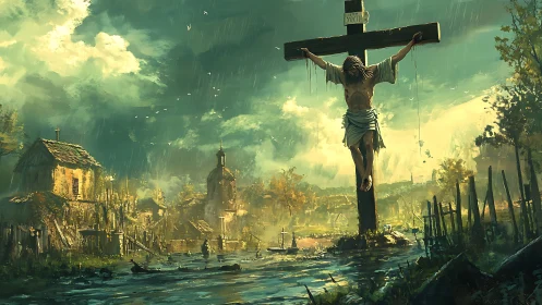 Storm-lit crucifixion dominates flooded village in painterly detail
