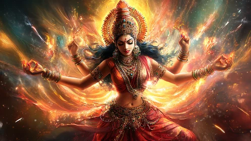 Flaming goddess whirls galaxies of light with jeweled grace