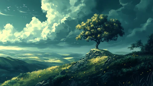 Solitary hilltop tree overlooks sunlit rolling valley