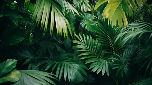 Tropical palm foliage layers under soft diffused light