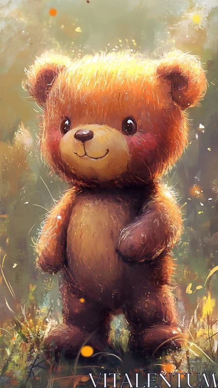 Warm light stylized teddy bear character in soft meadow glow.