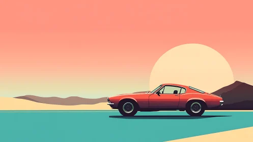 Sunset muscle car cruises through stylized desert road.