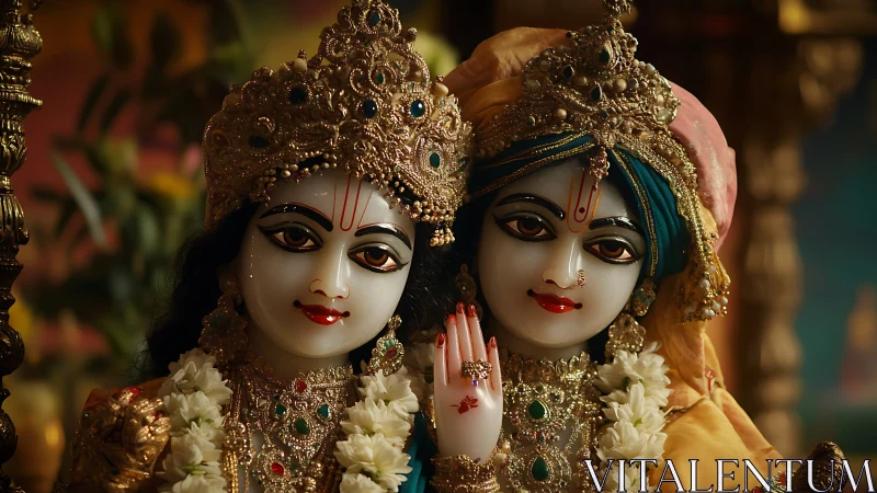 Radiant divine couple adorned in golden festive splendor.