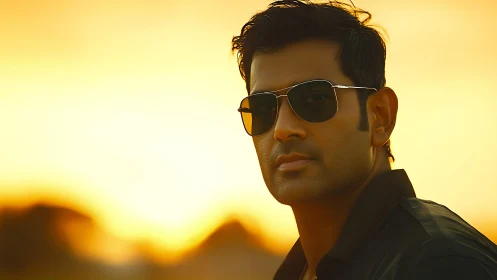 Sunlit portrait of a confident man in sunglasses at dusk