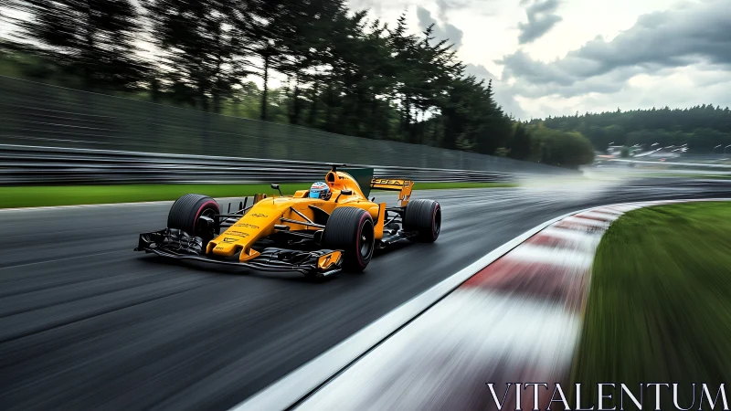 Yellow Formula race car on wet circuit in motion blur.