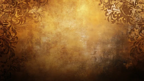 Vintage gold grunge background with ornate floral corners.