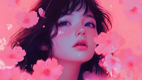 Dreamy cherry blossom girl bathed in soft pink glow.