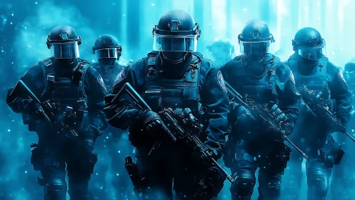 Tactical assault squad advances through cyan volumetric haze.