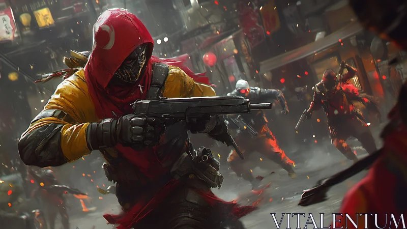 Neon alley gunrunner charges through cyberpunk crossfire.