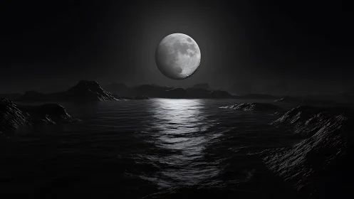 High-contrast lunar reflection over specular alien ocean at night