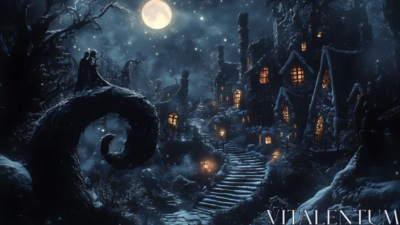 Moonlit lovers perch above a crooked village of glowing snow