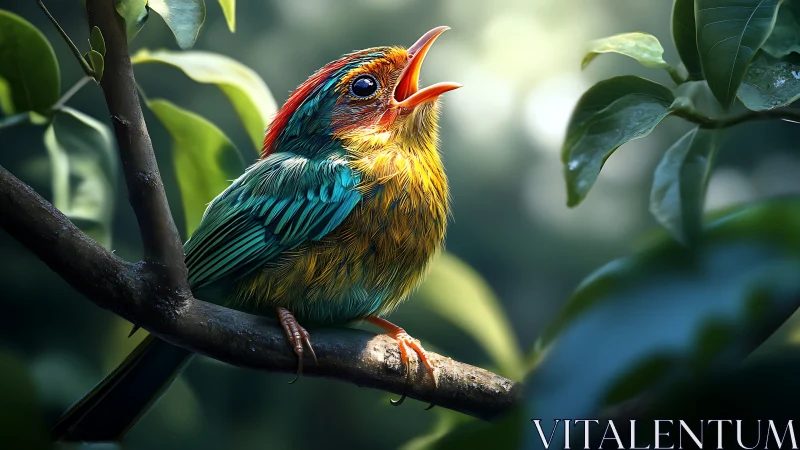 Vibrant Songbird Perched on Branch in Sunlit Forest, Realistic Art.