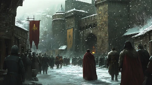 Snowy medieval procession approaching a guarded stone citadel.