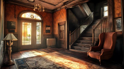 Sunlit abandoned foyer with worn staircase and armchair.