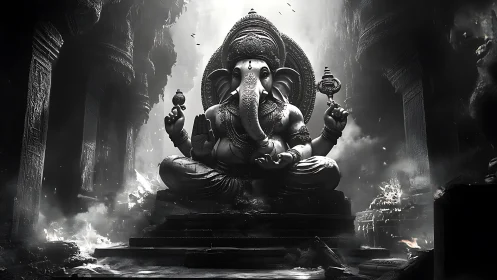Monochrome digital rendering of seated Ganesha statue.