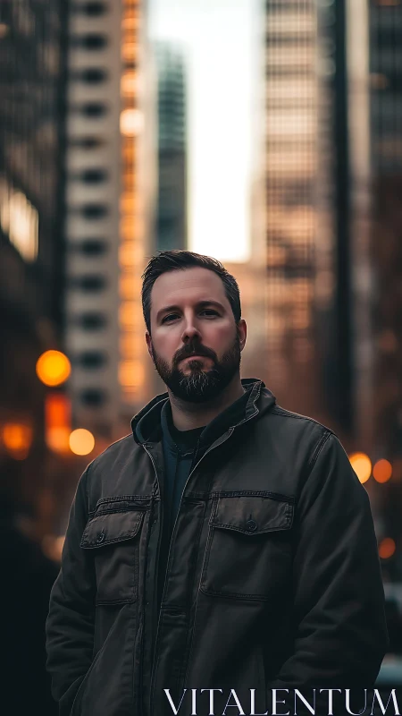 Urban depth-of-field portrait with axial bokeh alignment.