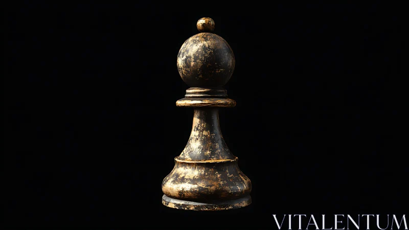 Weathered black chess pawn stands alone in dramatic light