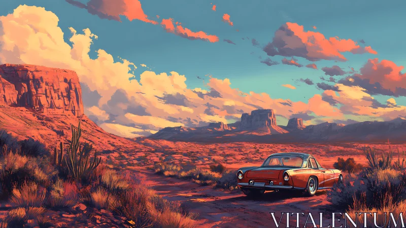 Sunlit desert cruise with a classic car and painted sky.