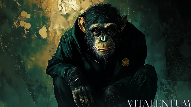 Chimpanzee figure in dark clothing sits against textured wall