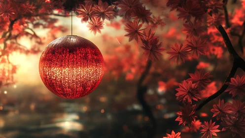 Red lantern glowing among autumn maple branches at dusk.