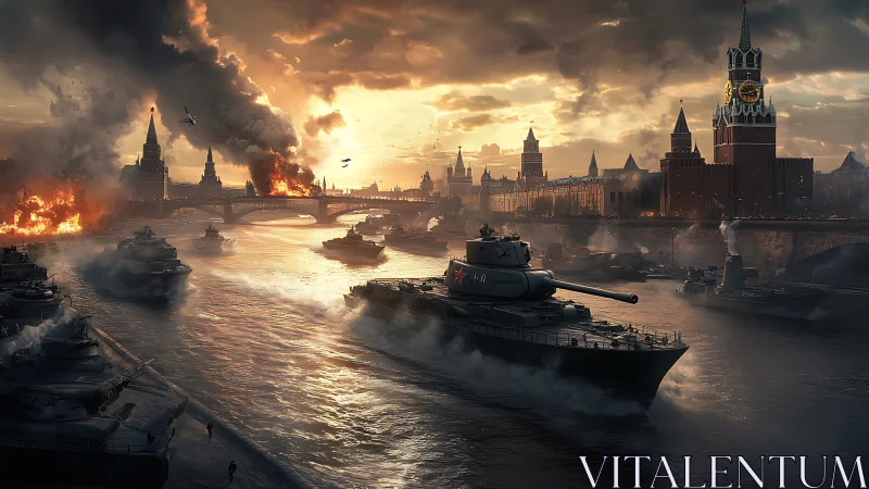 Warships and tanks advancing on river through burning city.