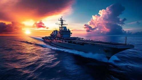 Aircraft carrier moves through open ocean under vivid sunset