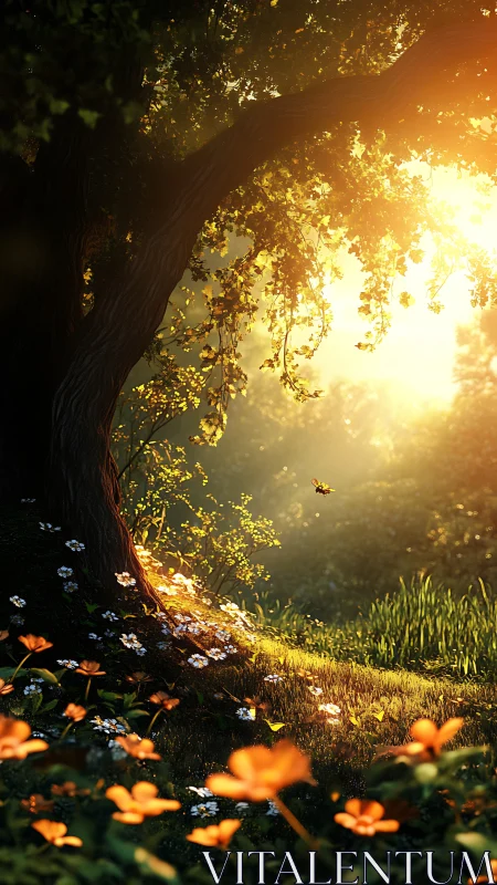 Golden forest sunrise spills gently across wildflower glade