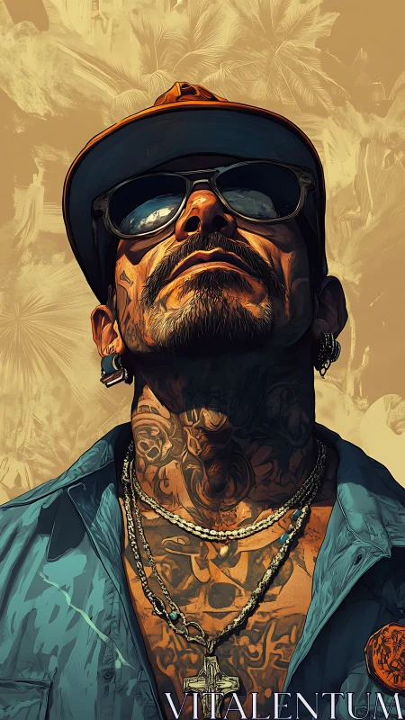 Tattooed man in sunglasses gazes upward in bold sunlight.