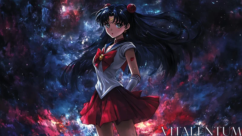 Uniformed anime girl against diffuse nebula backdrop.