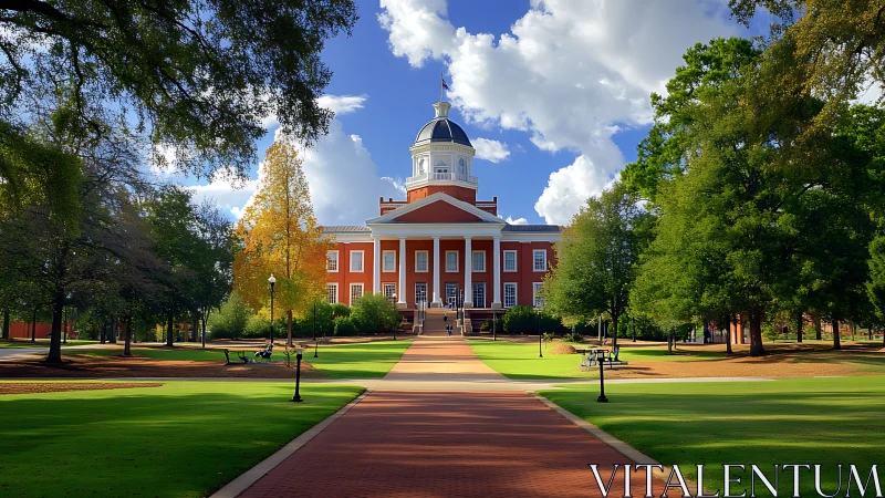 Grand red-brick campus hall framed by lush seasonal trees.
