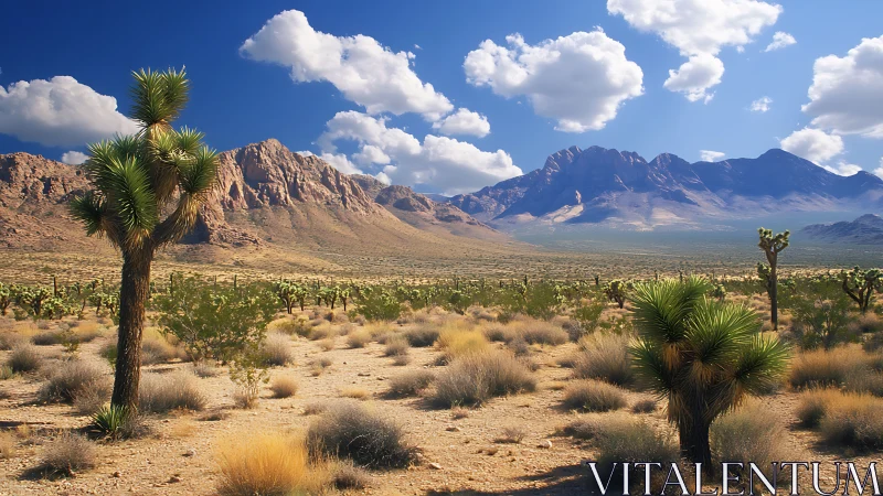 Sunlit desert valley with Joshua trees and distant mountains.