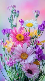 Colorful Daisy Composition with Pink and Purple Blooms.