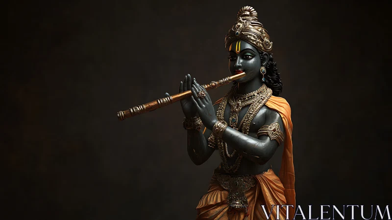 Divine flute-player carves liquid gold notes from darkness