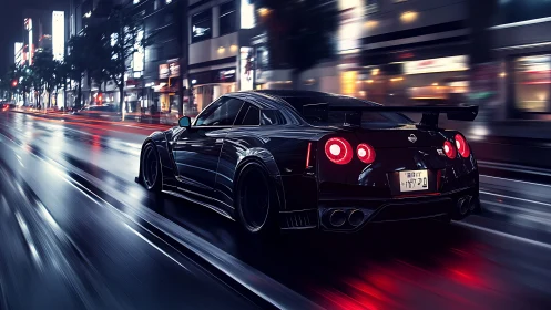 Black sports coupe on wet city street at night in motion.