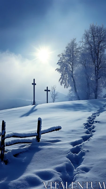 Snowy hillside with footsteps leading toward two crosses