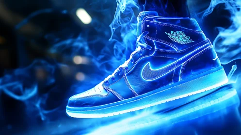 Glowing blue sneaker steps into a bold, electric dreamscape.