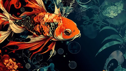 Orange koi fish with flowing fins in dark floral water.