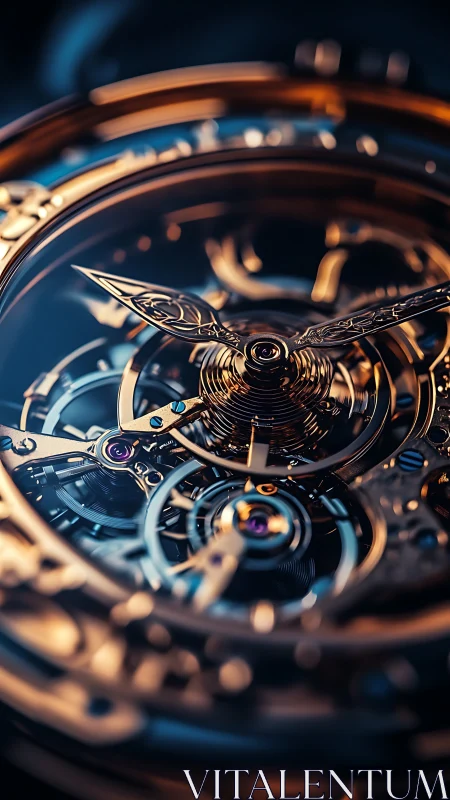 Macro view of skeleton tourbillon watch escapement in bicolor metal