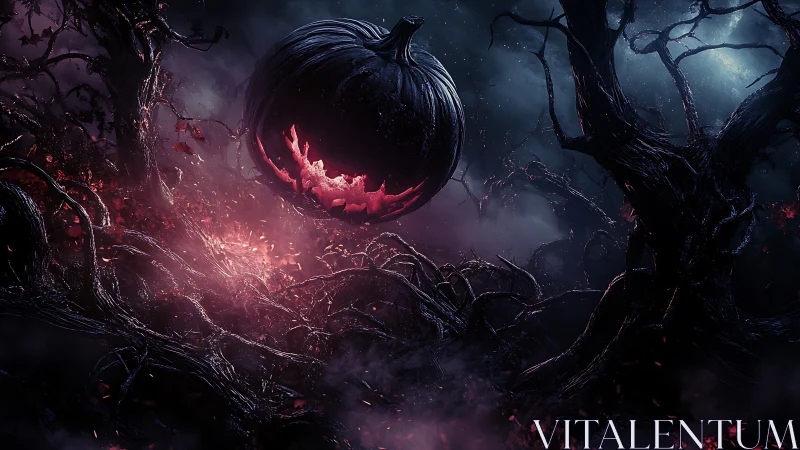 Dark jack o lantern floating in twisted haunted forest.