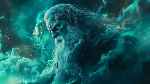 Mythic celestial elder in teal nebula, digital painting focus.