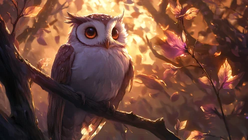 Whimsical Owl Perched in Autumn Forest, Digital Fantasy Art.