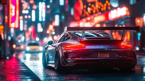 Neon-soaked street racer idling under futuristic city lights.