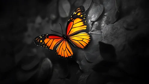 Luminous monarch butterfly poised over monochrome foliage.