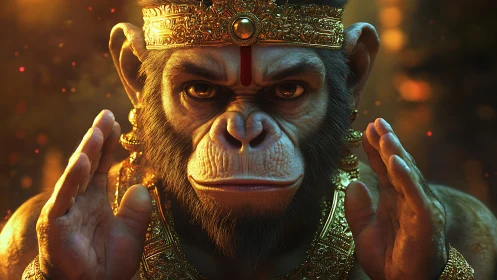 Regal monkey warrior gazes forward in glowing gold armor.