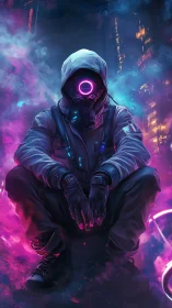 Hooded neon sentinel in cyberpunk smog-lit streetscape.