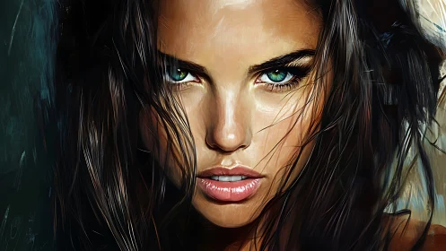 Intense digital portrait with piercing emerald eyes.