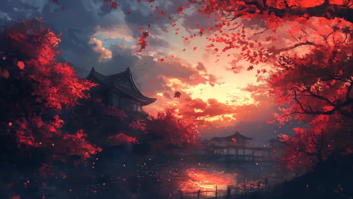 Autumn temple glows over reflective lake at blazing sunset.