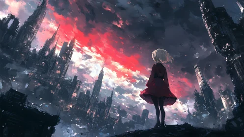 Girl overlooking ruined city under red storm sky.