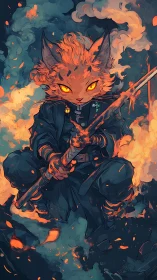 Anthropomorphic feline warrior amid stylized flames at night.