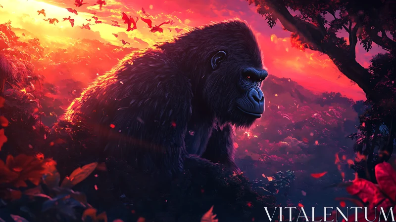 Gorilla overlooks dense forest at vivid red sunset sky